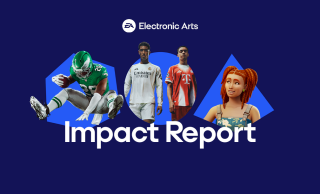 Image shows a Madden NFL player, two players from Football Club, and a Sims character all placed within the blue IM电竞 shapes iconography. Text reads: Electronic Arts, Impact Report 2025